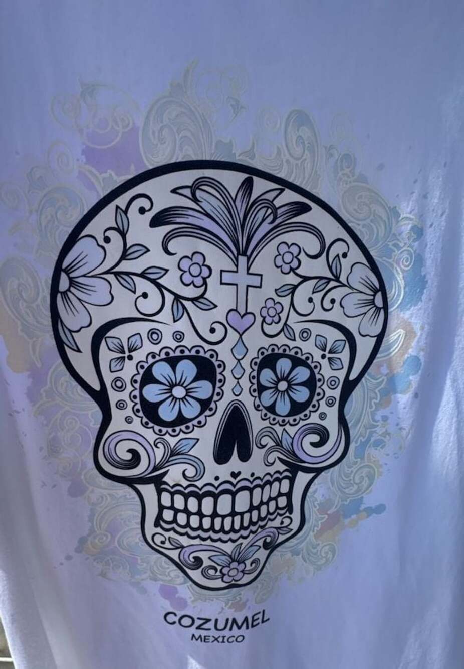 Cozumel, Mexico Sugar Skull Floral Graphic T-Shirt changes color on the sun